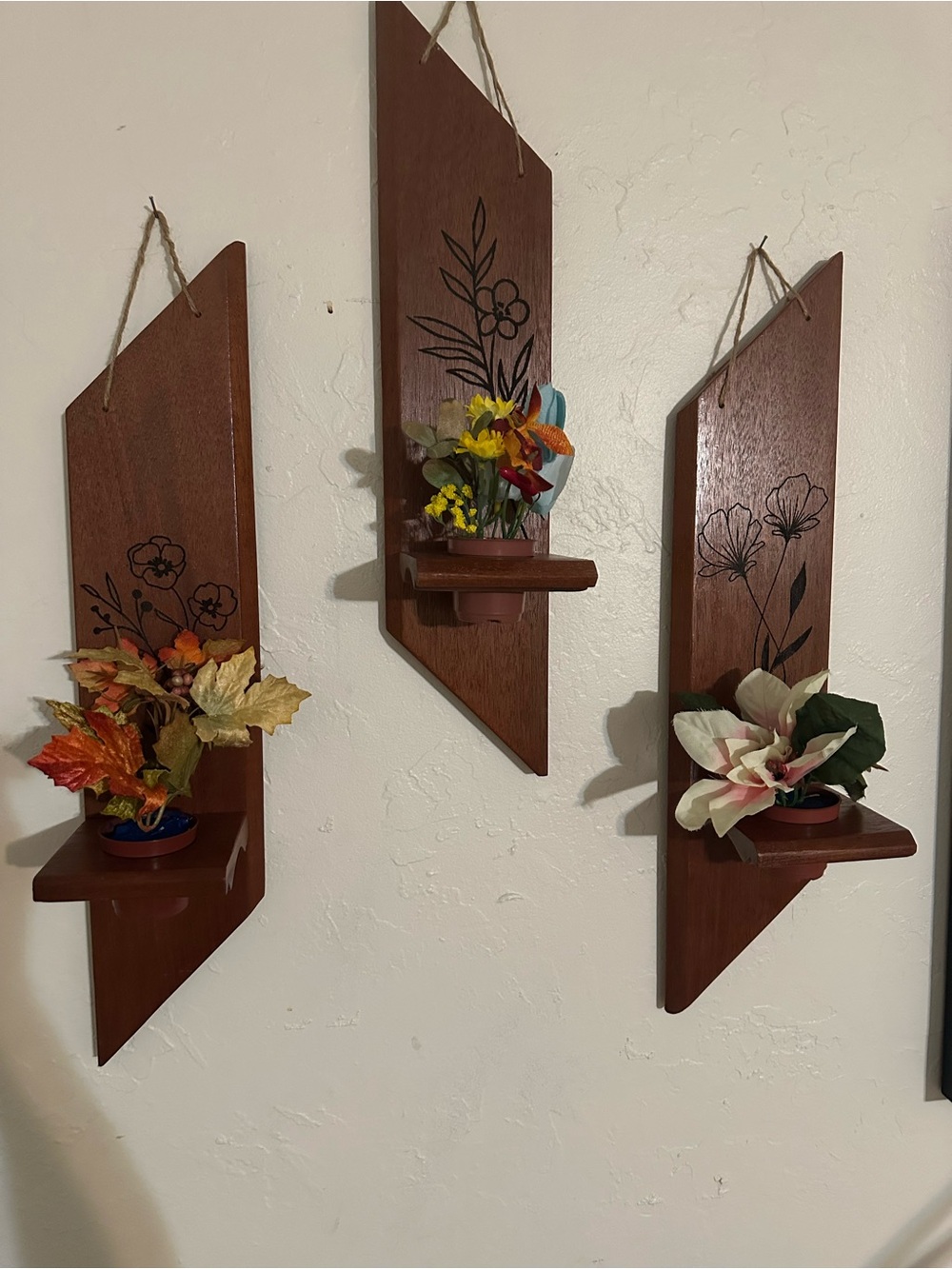 Handcrafted Engraved Wooden Wall Sconce Shelf Set (3-Piece)